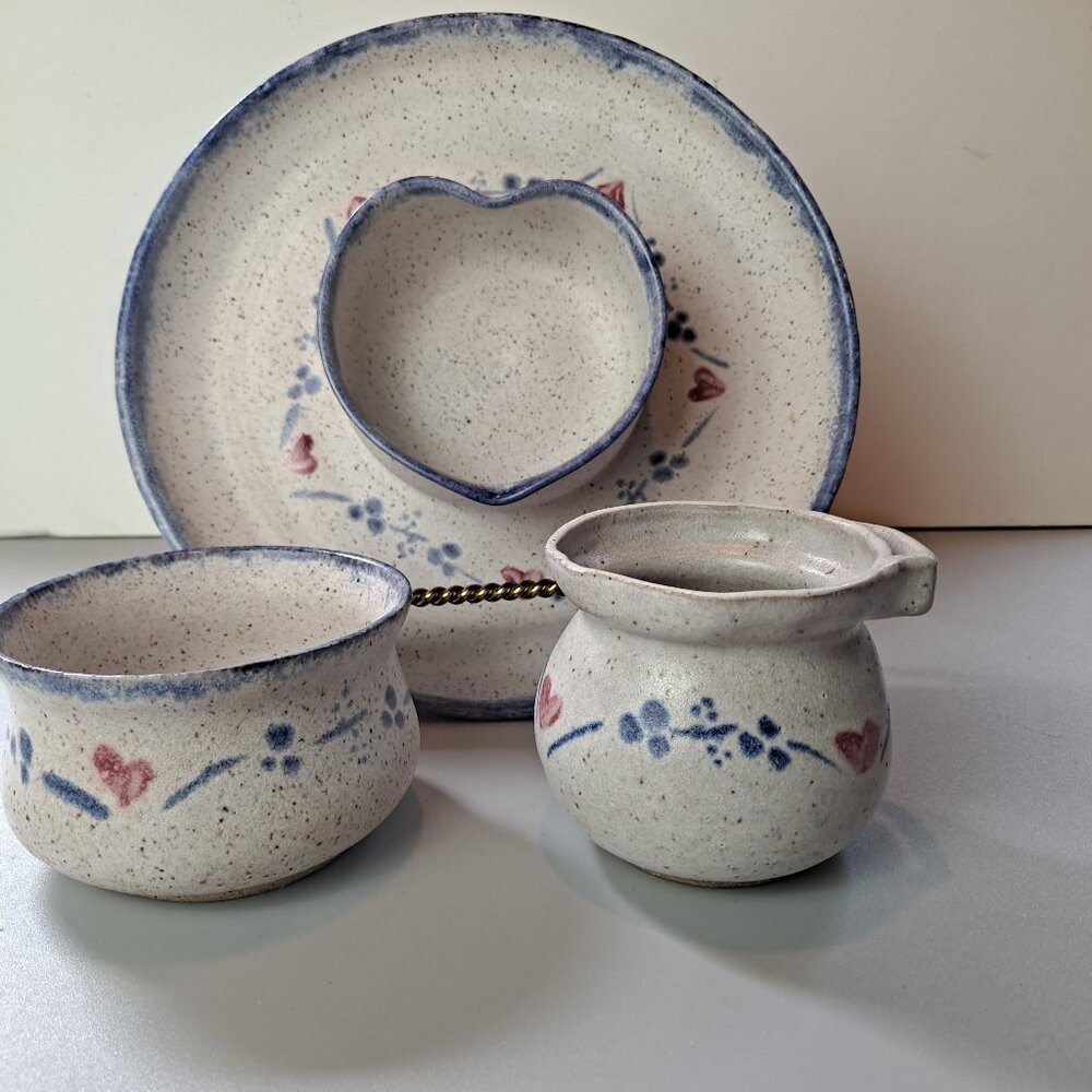 3 Piece Signed Studio Pottery Chip or Veggie Dip Server & 2 Bowls